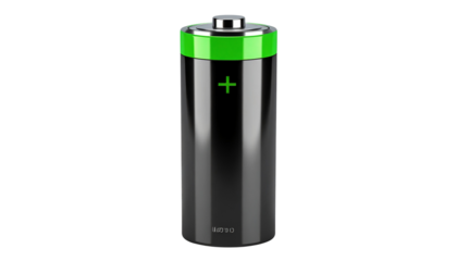 Modern rechargeable battery with shiny metallic finish and vibrant green indicator showing full power, perfect for technology, innovation, and sustainable energy concepts on solid white in Png