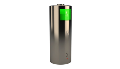Modern rechargeable battery with shiny metallic finish and vibrant green indicator showing full power, perfect for technology, innovation, and sustainable energy concepts isolated on solid white Png