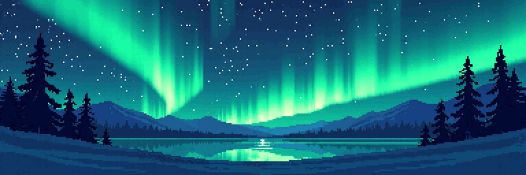 A breathtaking pixel art night scene depicts the vibrant green and blue streaks of the Aurora Borealis illuminating a starry sky above a tranquil lake and silhouetted mountains with pine trees.