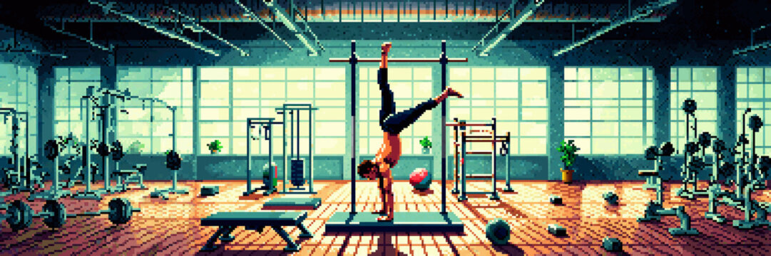 A pixel art gym features a person performing a handstand on parallel bars, surrounded by various fitness equipment under large windows.
