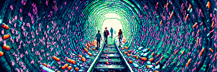 A striking pixel art image portrays a long, vibrant tunnel with a light at the end, as three silhouetted figures walk towards it on a path.  © Pyxzel