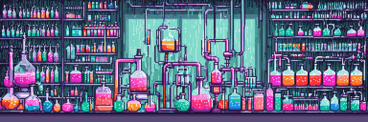 A detailed pixel art laboratory with various colorful beakers, tubes, and scientific equipment arranged on shelves and connected by pipes, suggesting complex experiments.
