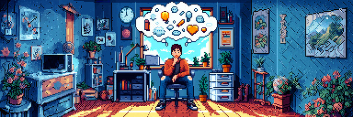 A pixel art scene of a person sitting in a room, surrounded by household objects and plants. A large thought bubble above their head illustrates a diverse range of ideas and emotions.
