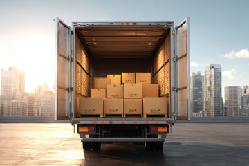 Empty Moving Truck. Logistics Concept with Cardboard Boxes Ready for Shipment