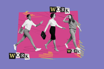 Poster image collage of people standing running with text work over purple color background