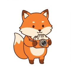 Naklejka premium Cute Orange Fox Holding a Vintage Camera