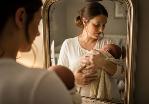 Mother holding her newborn baby with a mirror reflection, for motherhood, family concepts, and emotional connection - Powered by Adobe