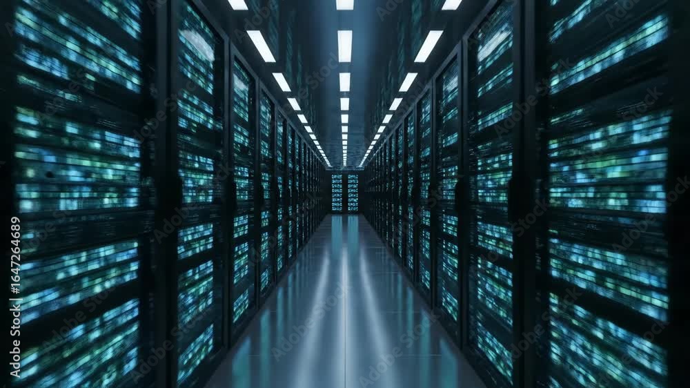 Poster futuristic data center server room - a camera glides through a long corridor of a massive, futuristi