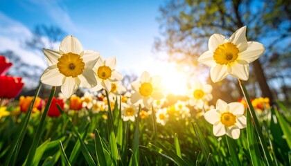 Fototapeta premium Radiant daffodils blooming under the bright sky, signaling the arrival of spring