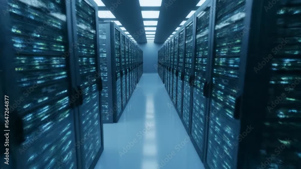 Poster futuristic data center server room - a camera glides through a massive, futuristic data center showc
