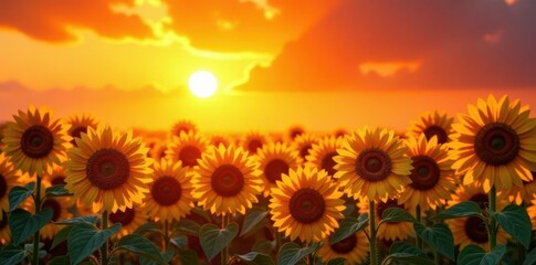 Obraz premium Golden hour sun paints sunflowers vibrant orange and red , sky, red, flora