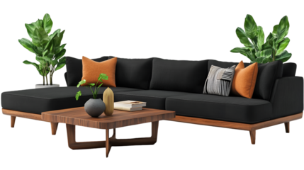 Modern living room interior design with stylish black sectional sofa, wooden coffee table, and vibrant plants, creating a cozy atmosphere