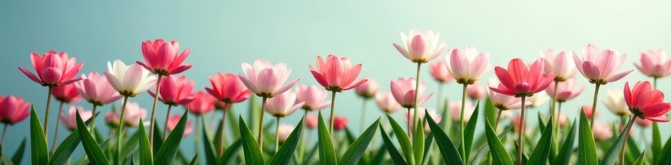 Naklejka premium Pastel-colored blossoms, lush green stems, artistic composition , photo, spring flowers, spring