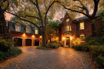Fototapeta premium Fall Driveway. Red Brick House in Forest Setting with Triple Garage at Dusk