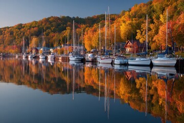Fall Colors Wisconsin: Scenic Autumn Landscape of Bayfield Harbor with Morning Reflections