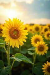 Obraz premium Sunlit field of sunflowers, blurred background, bloom, plants, background