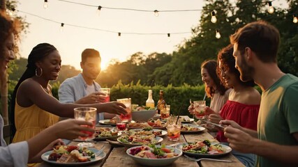 Diverse Friends Enjoying Sunset Dinner Outdoors - A cheerful group of diverse friends share a delicious meal together at a long wooden table outdoors.