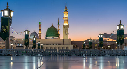 Naklejka premium Milad un Nabi Maulid or Mawlid al Nabi Islamic background banner with Madina dome glowing starry night