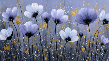 oil painting of black flowers on gray purple background with gold glitter