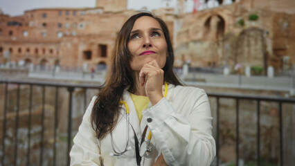 Hispanic female doctor wearing stethoscope touches chin among ancient roman ruins; reflection...