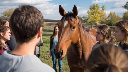 A group of people engage with a horse in a serene outdoor setting.