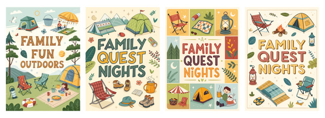 Colorful illustrations showcasing family camping activities, evoking a sense of adventure and togetherness in nature.