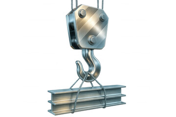 Steel crane hook raising heavy steel girders, suspended by robust metal cables, demonstrating industrial machinery strength and precise engineering capabilities