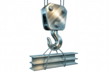 Steel crane hook raising heavy steel girders, suspended by robust metal cables, demonstrating industrial machinery strength and precise engineering capabilities