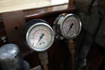 Crich Tramway Museum, England &ndash; August 13 2025: Close Up Of Vintage Tram Pressure Gauges displayed at the museum
