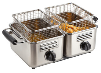 Crispy golden fries cooking in a stainless steel deep fryer