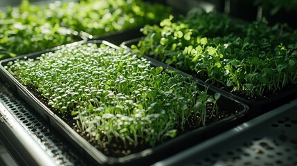 Close-up of young sprouts in trays