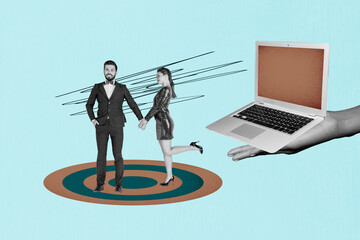 Image abstract collage of person hold hands big target with netbook screen on blue background
