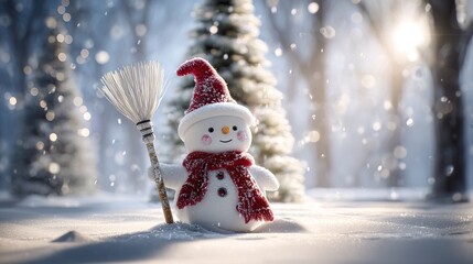 Happy Snowman in Christmas Landscape &ndash; Red-Hatted, Broom-Carrying, Amid Falling Snowflakes, Pine Trees & Snowy Forest, Sparkling with Festive Warmth in High-Resolution Magic