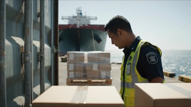 Customs Officer Inspecting Cargo at Port - A customs officer in uniform carefully examines packages near a shipping container at a busy port.