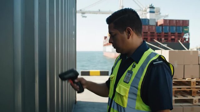 Customs Officer Inspecting Shipping Container with Handheld Scanner - A customs officer in a high-visibility vest uses a handheld scanner to inspect a large shipping container at a busy port.