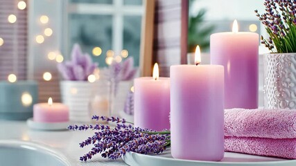 Pastel purple candles and lavender flowers with towels and warm lights creating relaxing spa atmosphere in home bathroom