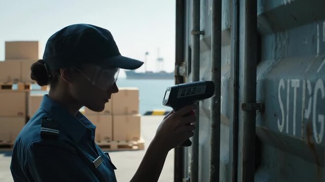 Customs Officer Inspecting Shipping Container - A customs officer uses a handheld scanner to inspect a shipping container at a port. Cardboard boxes and other cargo are visible in the background.