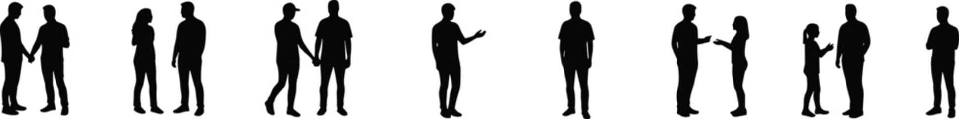 People silhouette vector pack, communication poses, standing talking figures, diverse human interaction, men and women, casual pose illustration, black figures