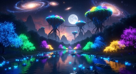 Obraz premium Fantasy Landscape with Glowing Trees and Moonlit Water