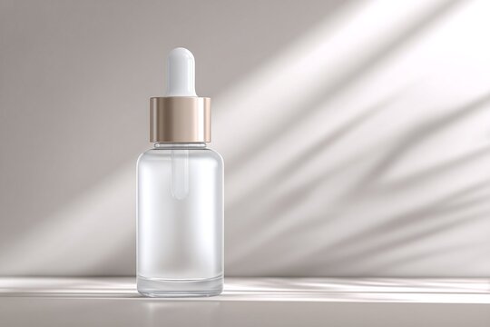 Flacone contagocce trasparente con liquido chiaro e tappo dorato su sfondo neutro con ombre di foglie.