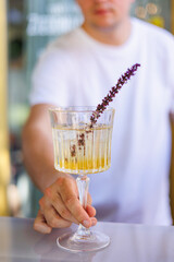 Bartender serving yellow cocktail with lavender garnish
Close-up of bartender presenting a yellow cocktail in an elegant glass with ice and lavender sprig, showcasing mixology and drink presentation.