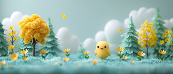 A cute chick in a serene and minimalist pastoral landscape