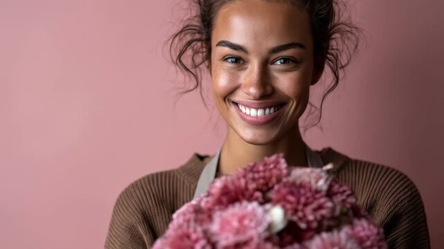 Florist woman holding bouquet, cheerful smile.