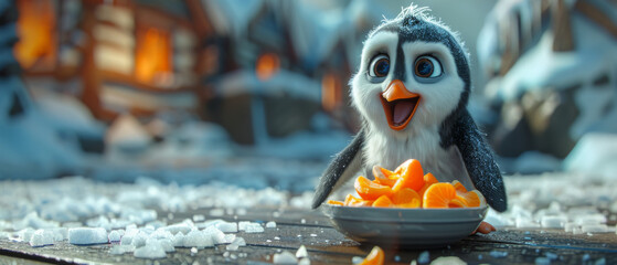 A cute penguin enjoying a festive mandarin snack in winter