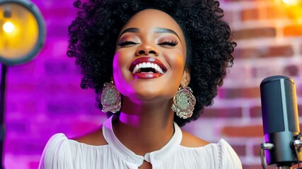Happy young black woman in earrings singing into microphone in modern studio with purple lighting and brick wall
 - Powered by Adobe