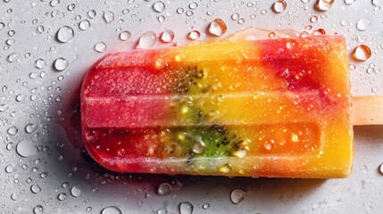 colorful fruit popsicle melting with vibrant layers of red, orange, and green on a wet surface covered in droplets