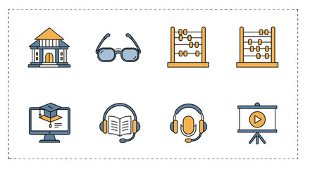 Illustration of educational icons including building and abacus
