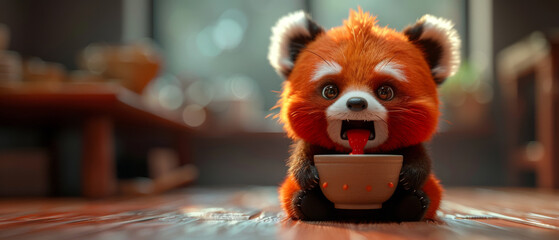 Funny cartoon red panda getting the very last drop
