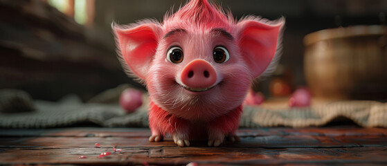 A charming and fluffy pink cartoon piglet character