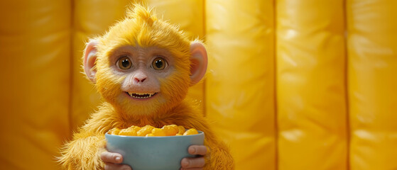 A happy cartoon monkey mascot with a bowl of breakfast cereal